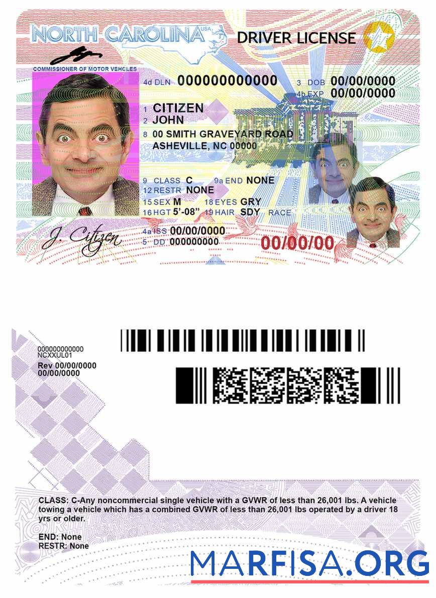 Downloadable USA North Carolina driving license example